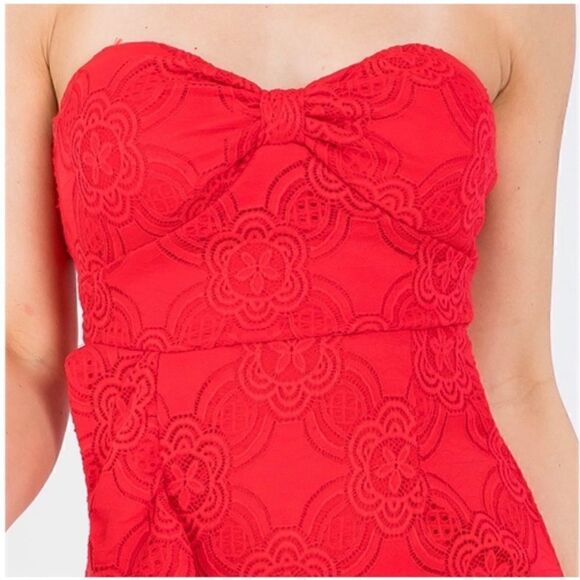 Lipstick Red Long Lace Formal Gown Strapless Flowy Maxi Dress - Picture 8 of 8